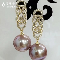 S925银~紫色淡水珍珠耳环【富贵结】